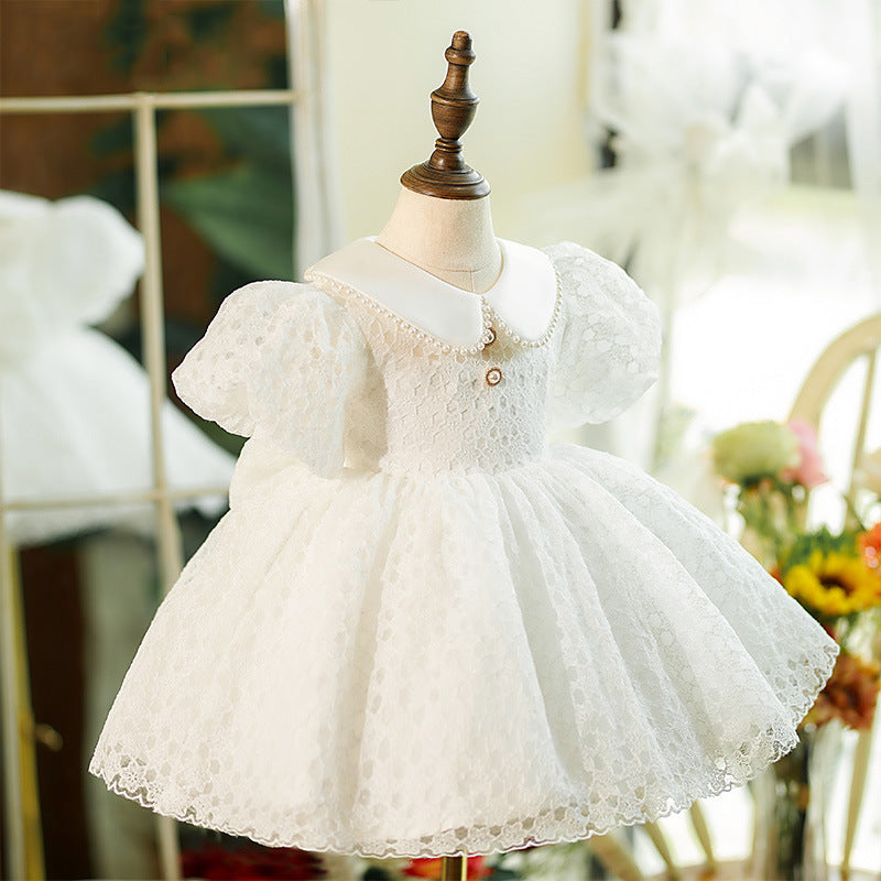 White Lace Princess Flower Girl Dress - Collared Neck