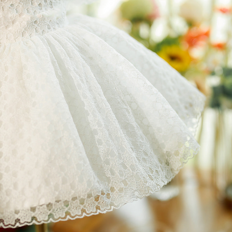 White Lace Princess Flower Girl Dress - Collared Neck
