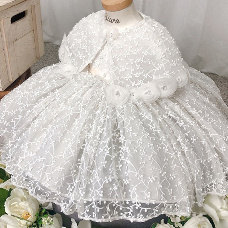 White Lace Princess Flower Girl Dress Short Puff Sleeve Tea