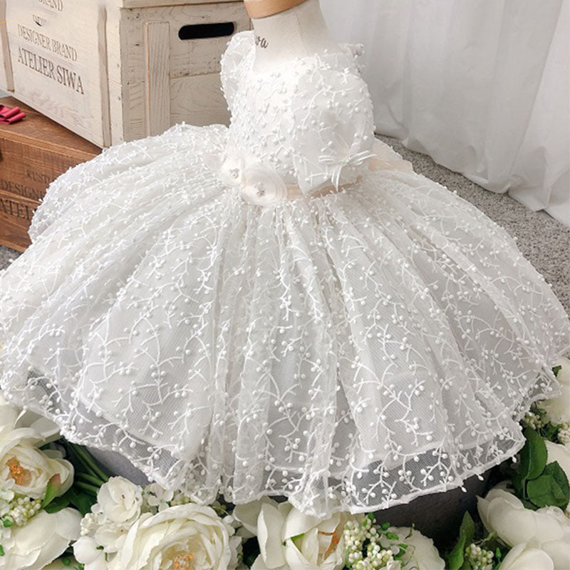 White Lace Princess Flower Girl Dress Short Puff Sleeve Tea