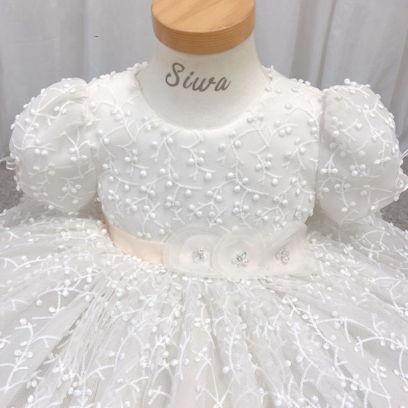 White Lace Princess Flower Girl Dress Short Puff Sleeve Tea