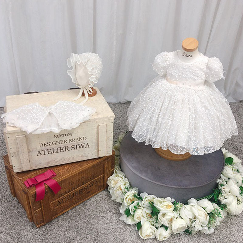 White Lace Princess Flower Girl Dress Short Puff Sleeve Tea