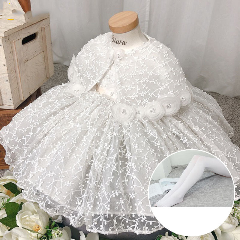 White Lace Princess Flower Girl Dress Short Puff Sleeve Tea