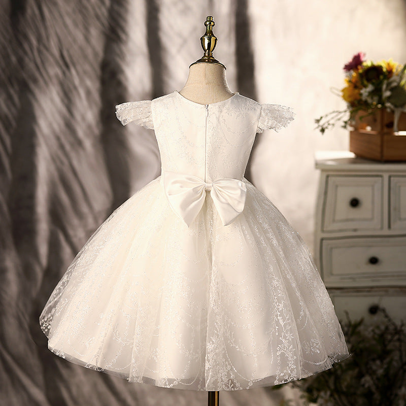 White Lace Princess Flower Girl Dress with Cap Sleeves