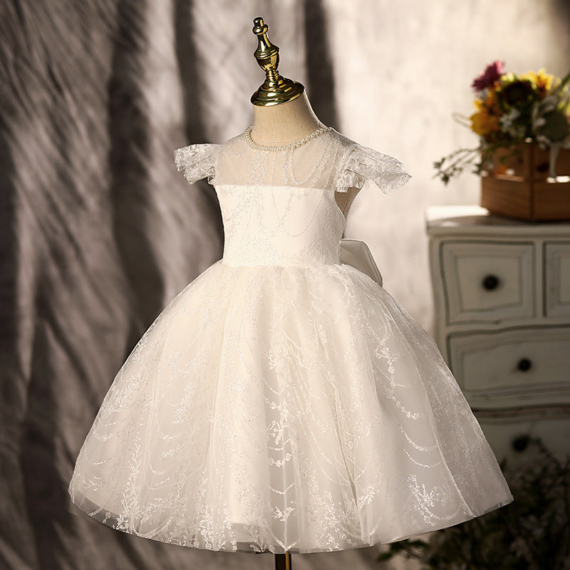 White Lace Princess Flower Girl Dress with Cap Sleeves