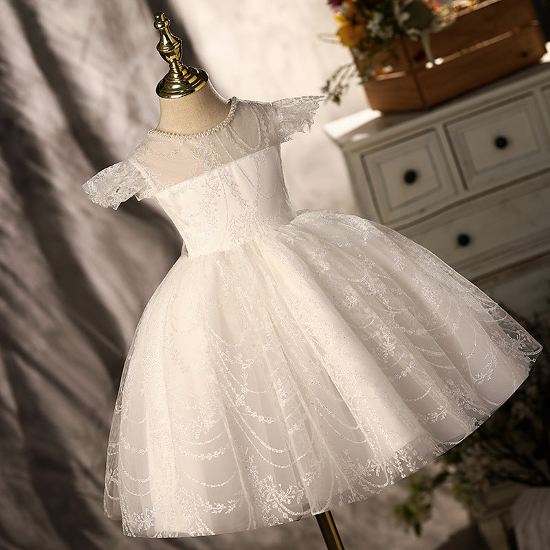 White Lace Princess Flower Girl Dress with Cap Sleeves
