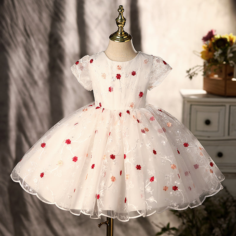 White Lace Princess Flower Girl Dress with Puff Sleeves and Flowers