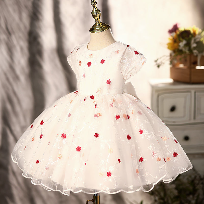 White Lace Princess Flower Girl Dress with Puff Sleeves and Flowers