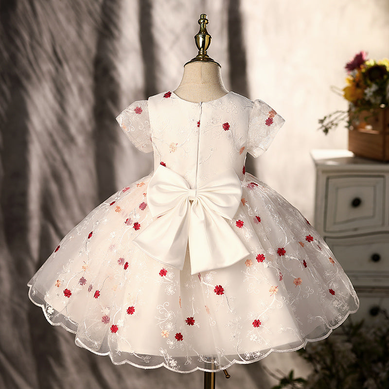 White Lace Princess Flower Girl Dress with Puff Sleeves and Flowers