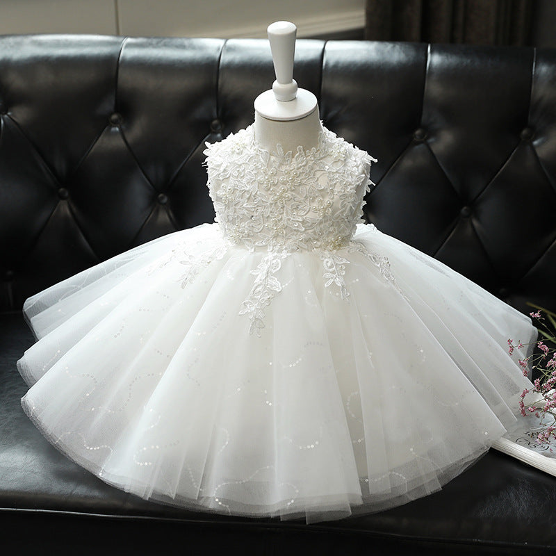 White Lace Princess Tea-Length Flower Girl Dress with Ruffles