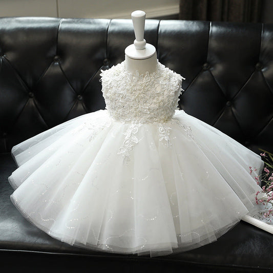 White Lace Princess Tea-Length Flower Girl Dress with Ruffles