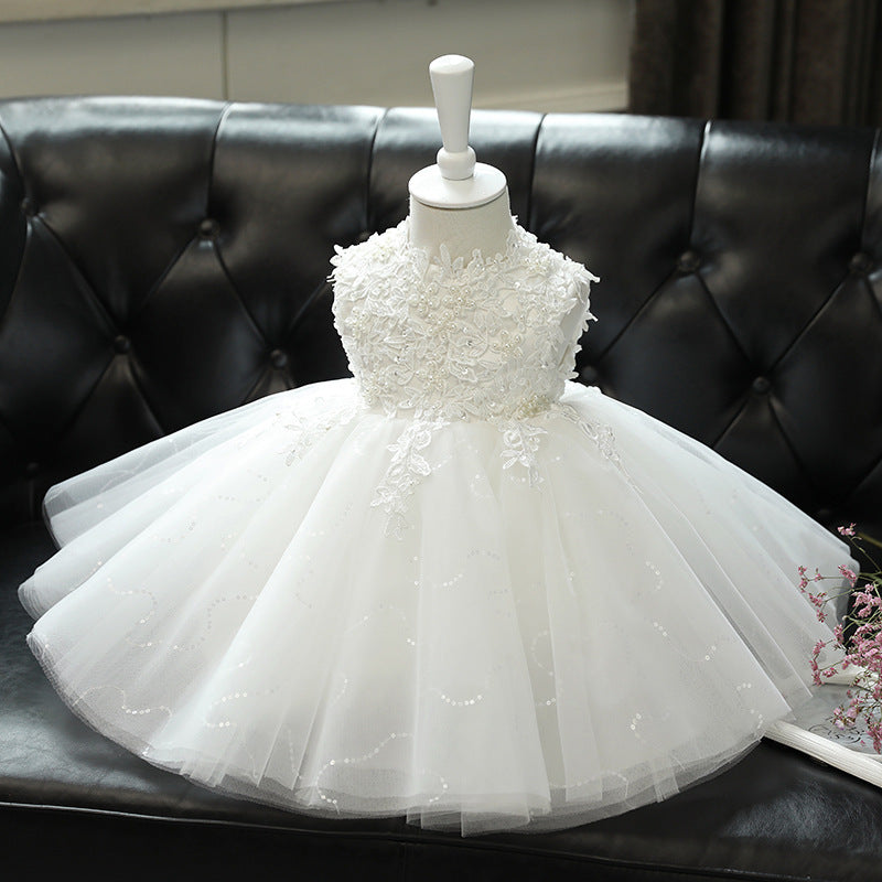 White Lace Princess Tea-Length Flower Girl Dress with Ruffles