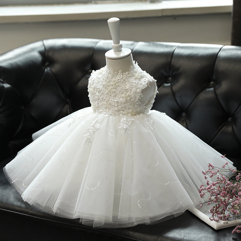 White Lace Princess Tea-Length Flower Girl Dress with Ruffles