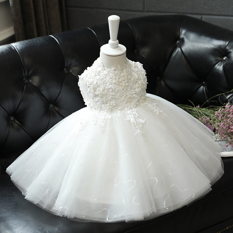 White Lace Princess Tea-Length Flower Girl Dress with Ruffles
