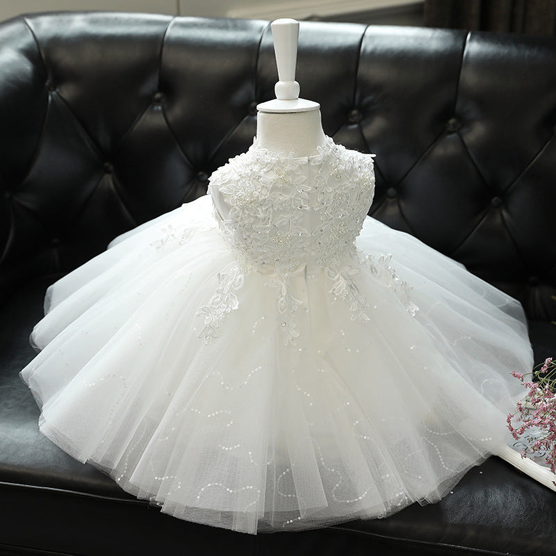White Lace Princess Tea-Length Flower Girl Dress with Ruffles
