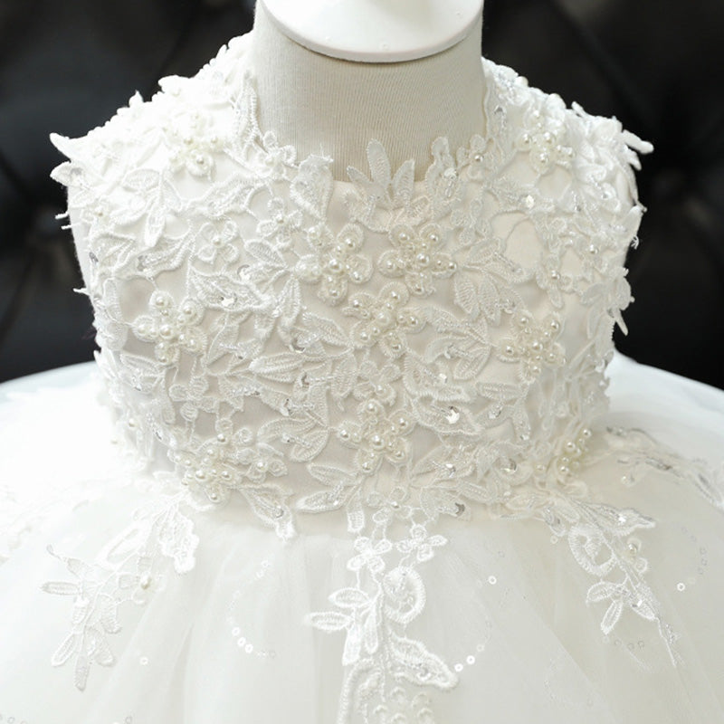 White Lace Princess Tea-Length Flower Girl Dress with Ruffles