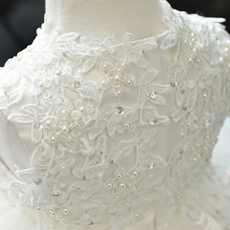 White Lace Princess Tea-Length Flower Girl Dress with Ruffles