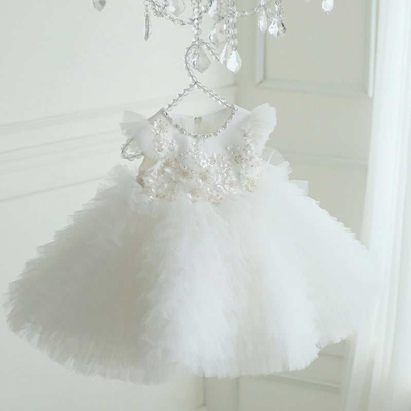White Lace Tulle A-Line Flower Girl Dress Cap Sleeve Tea