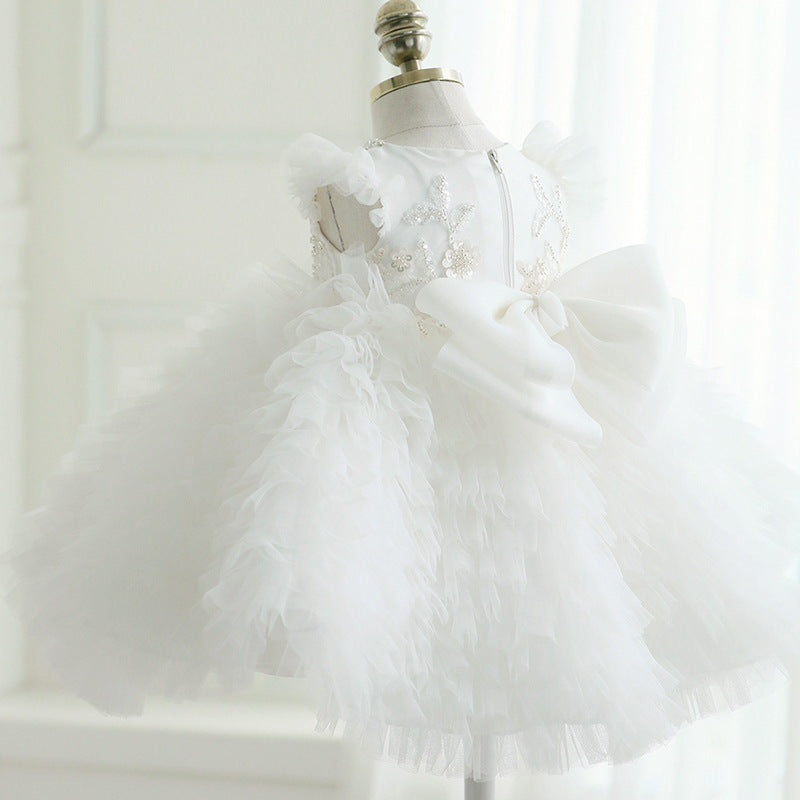 White Lace Tulle A-Line Flower Girl Dress Cap Sleeve Tea
