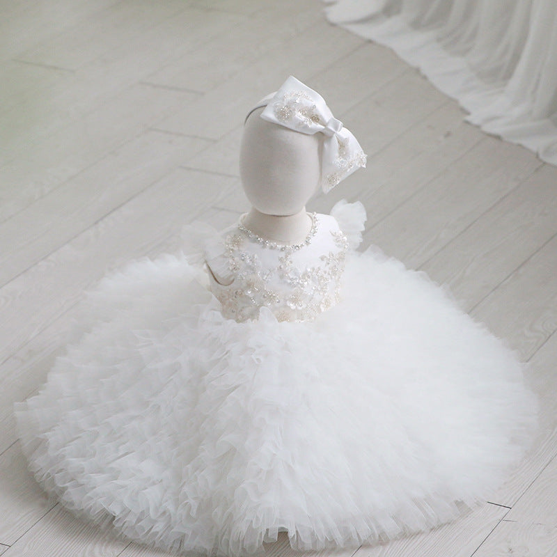 White Lace Tulle A-Line Flower Girl Dress Cap Sleeve Tea