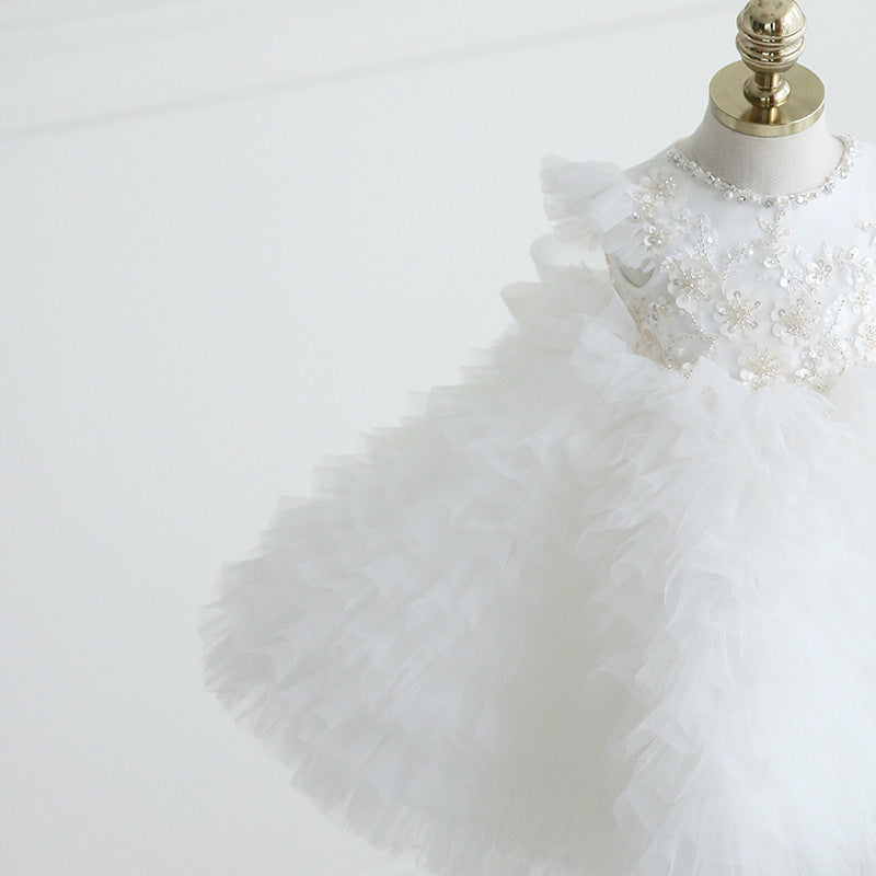 White Lace Tulle A-Line Flower Girl Dress Cap Sleeve Tea