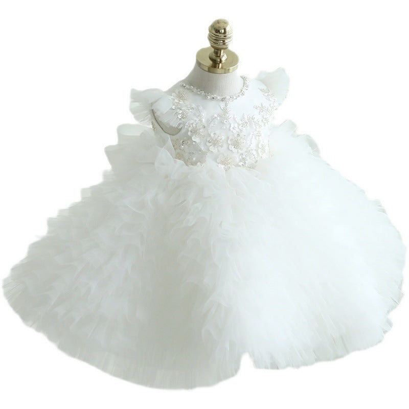 White Lace Tulle A-Line Flower Girl Dress Cap Sleeve Tea