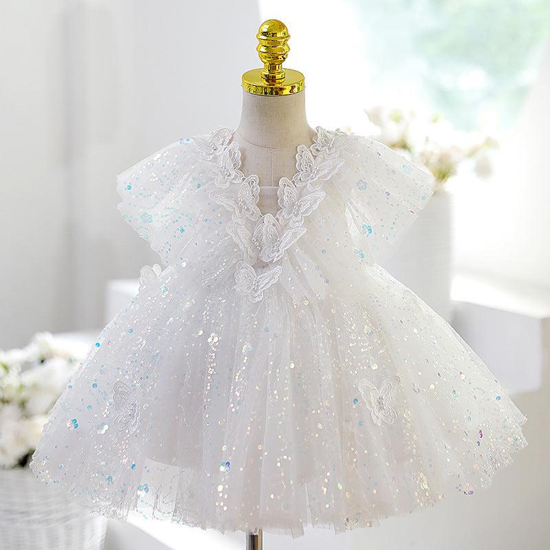 White Lace Tulle A-Line Flower Girl Dress V-Neck Puff Sleeve