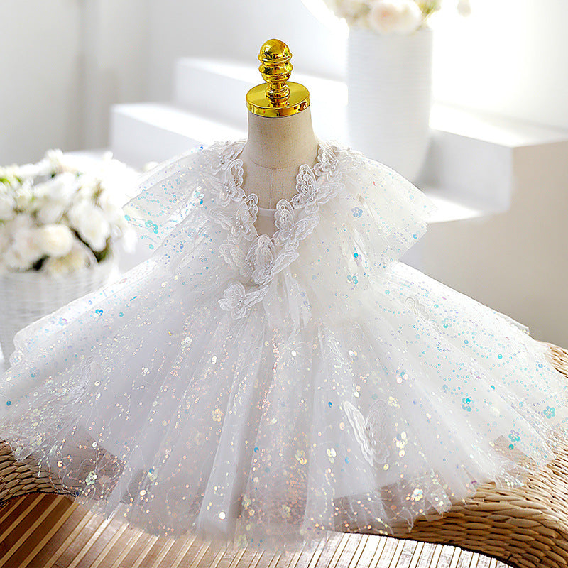White Lace Tulle A-Line Flower Girl Dress V-Neck Puff Sleeve
