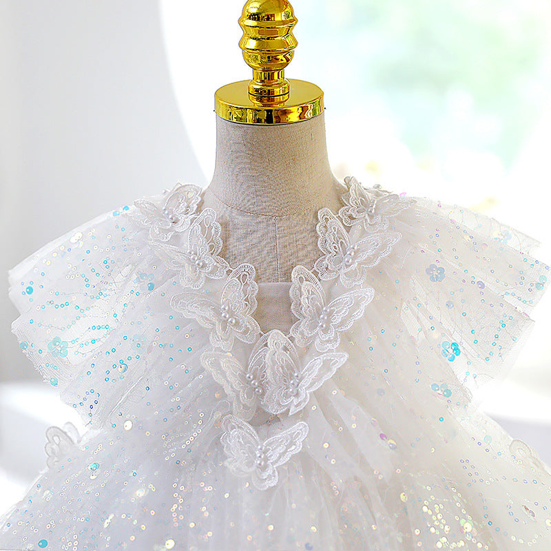 White Lace Tulle A-Line Flower Girl Dress V-Neck Puff Sleeve