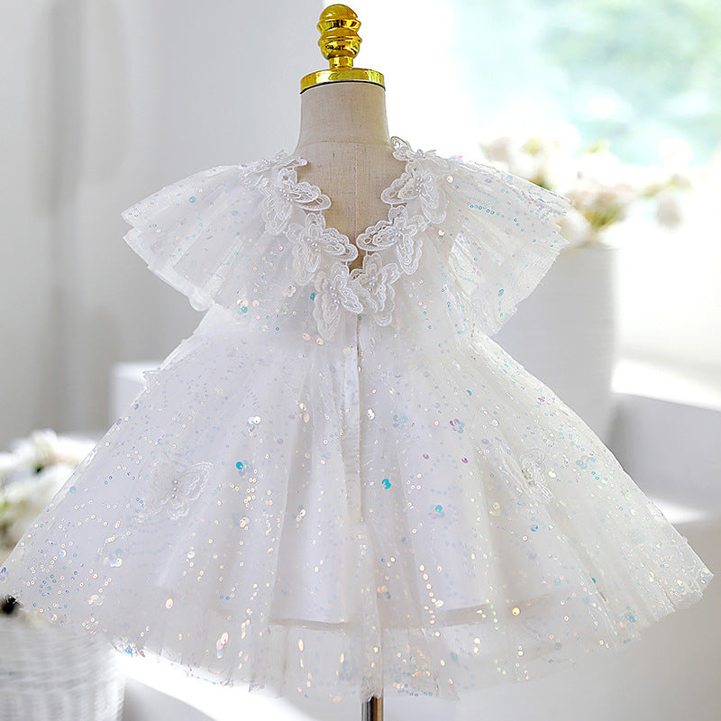 White Lace Tulle A-Line Flower Girl Dress V-Neck Puff Sleeve