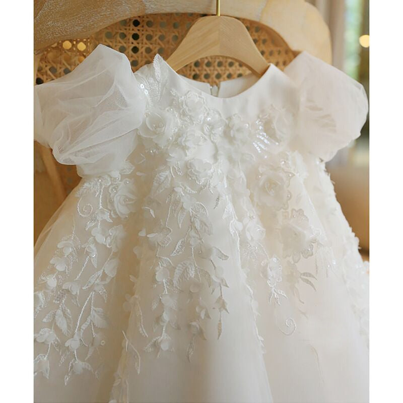 White Lace Tulle A-Line Flower Girl Dress with Puff Sleeves