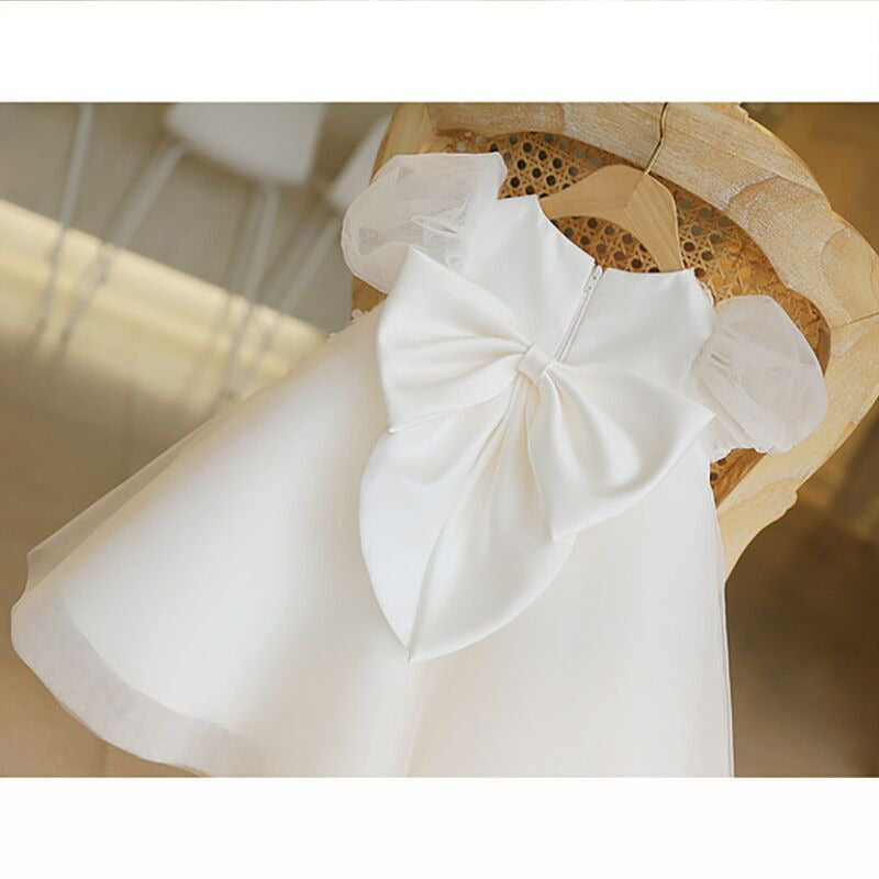 White Lace Tulle A-Line Flower Girl Dress with Puff Sleeves