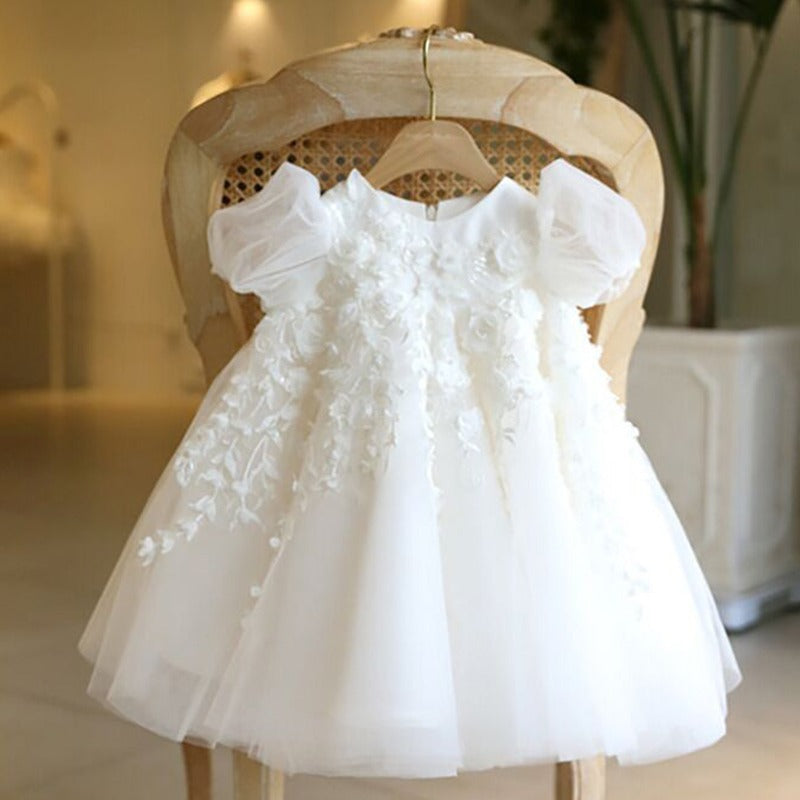 White Lace Tulle A-Line Flower Girl Dress with Puff Sleeves