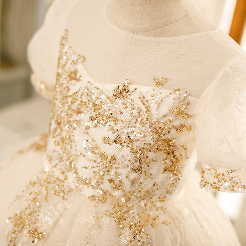 White Lace Tulle Flower Girl Dress: Boat Neck Lantern Sleeves