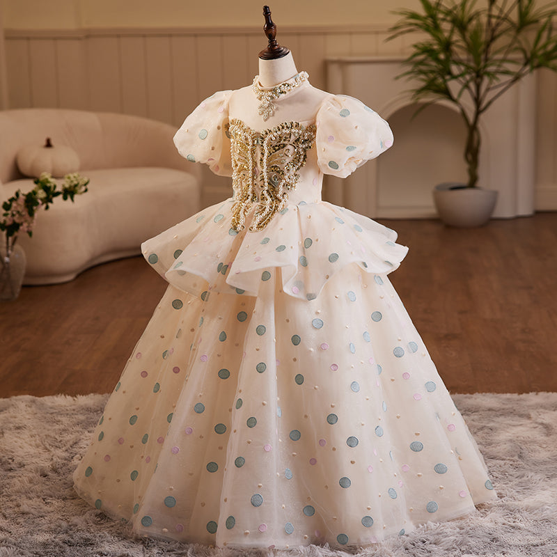 White Organza A-Line Flower Girl Dress with Puff Sleeves