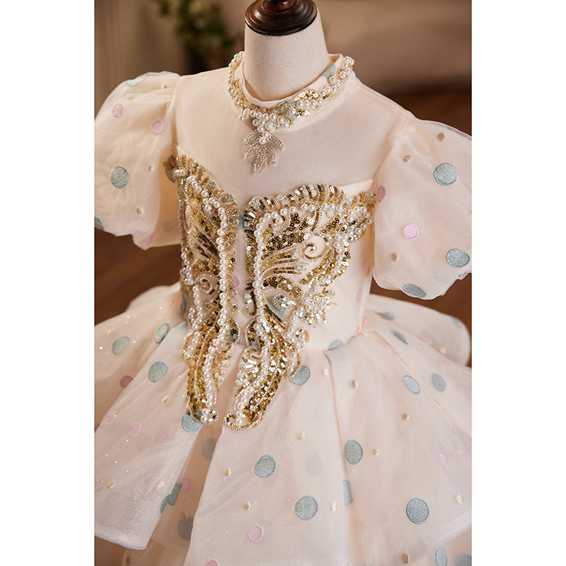 White Organza A-Line Flower Girl Dress with Puff Sleeves