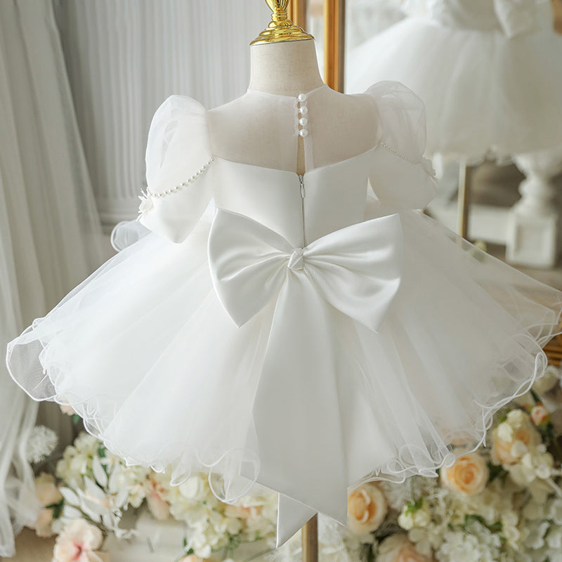 White Organza Flower Girl Dress | Beaded Cascading Ruffles