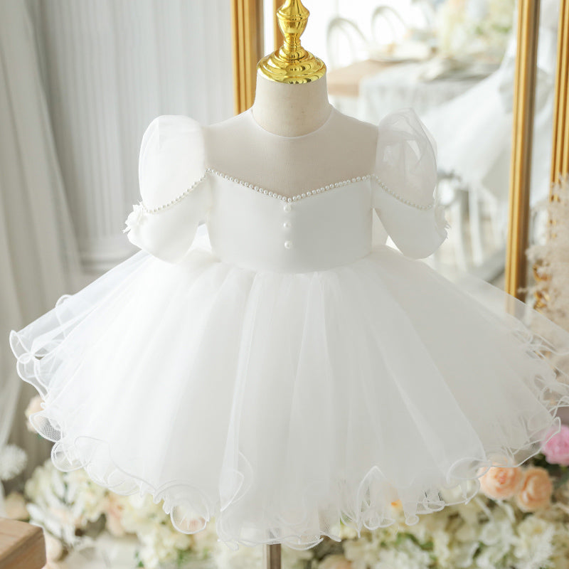 White Organza Flower Girl Dress | Beaded Cascading Ruffles
