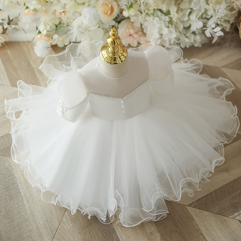 White Organza Flower Girl Dress | Beaded Cascading Ruffles