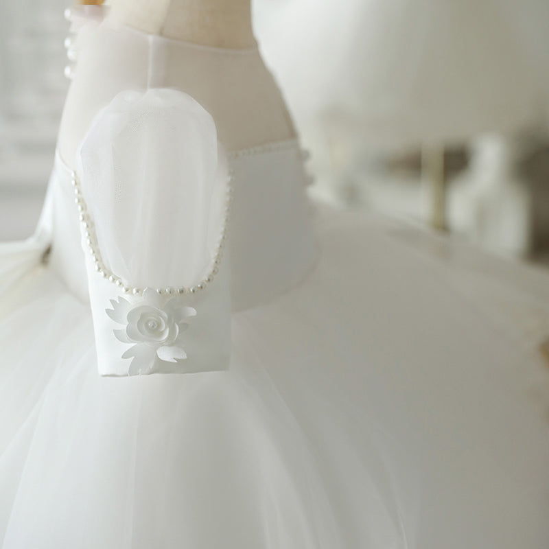 White Organza Flower Girl Dress | Beaded Cascading Ruffles
