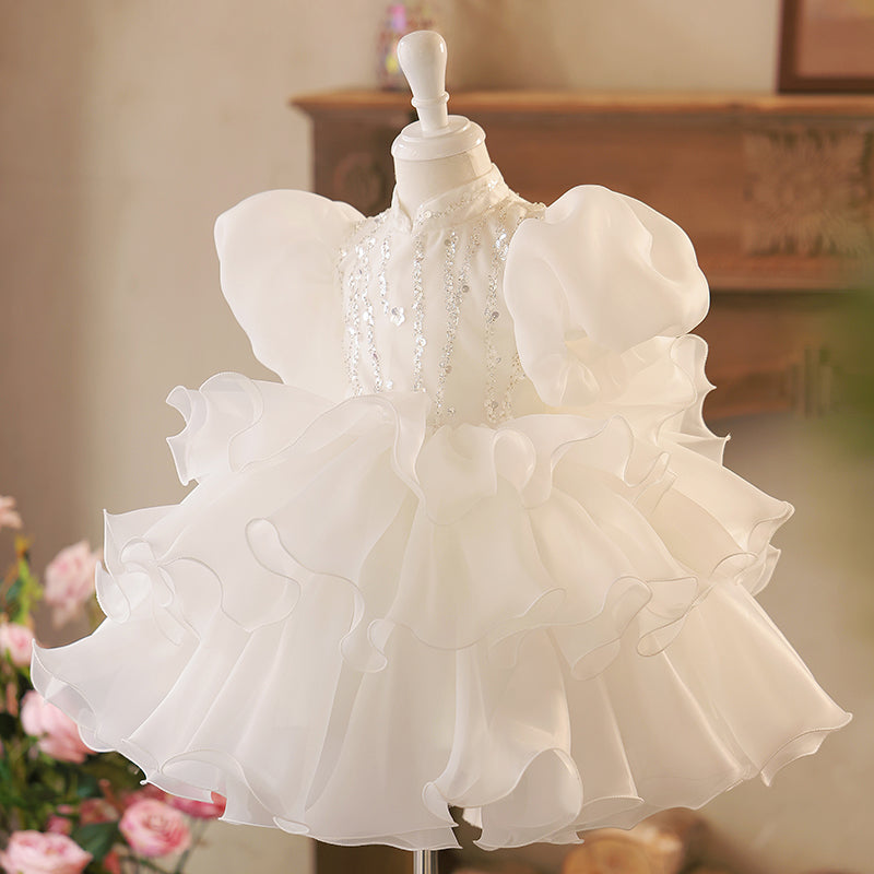 White Organza Princess Dress - Ruffles, Sequins & Puff Sleeves