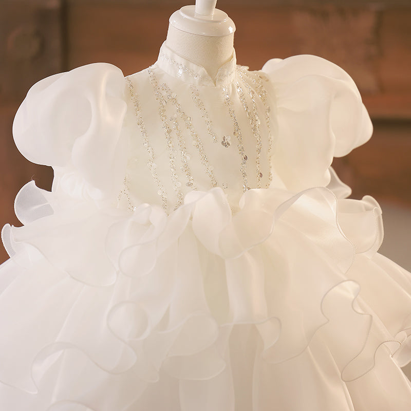 White Organza Princess Dress - Ruffles, Sequins & Puff Sleeves