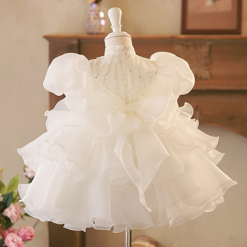 White Organza Princess Dress - Ruffles, Sequins & Puff Sleeves