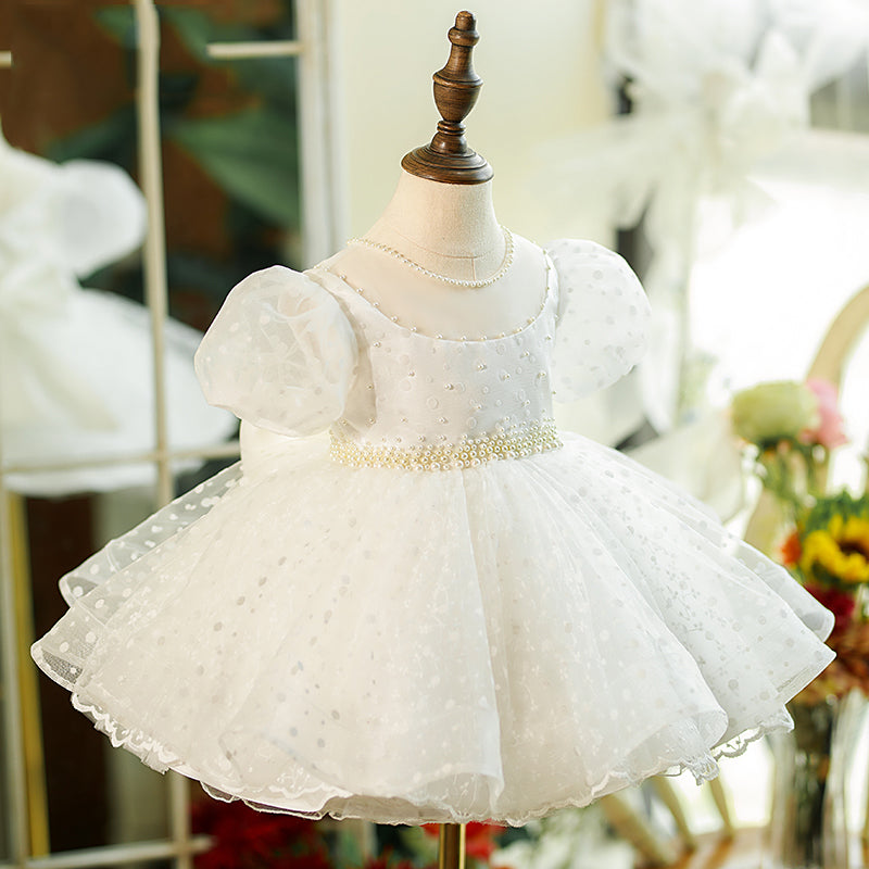 White Organza Princess Flower Girl Dress Bow Puff Sleeve