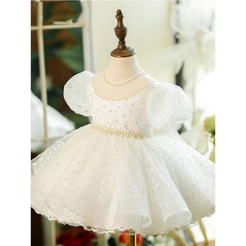 White Organza Princess Flower Girl Dress Bow Puff Sleeve