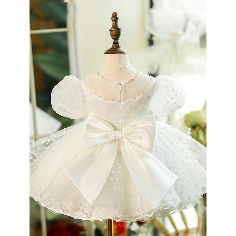 White Organza Princess Flower Girl Dress Bow Puff Sleeve