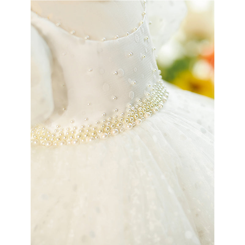 White Organza Princess Flower Girl Dress Bow Puff Sleeve