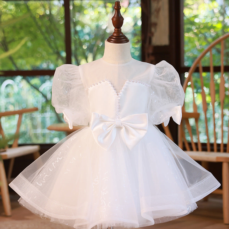 White Organza Princess Flower Girl Dress - Puff Sleeves
