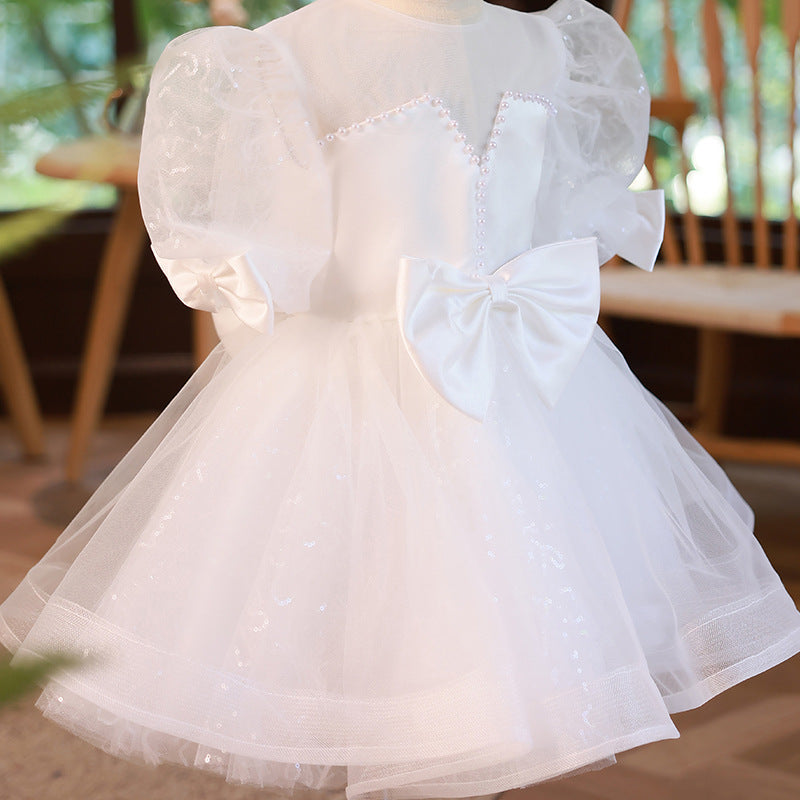 White Organza Princess Flower Girl Dress - Puff Sleeves