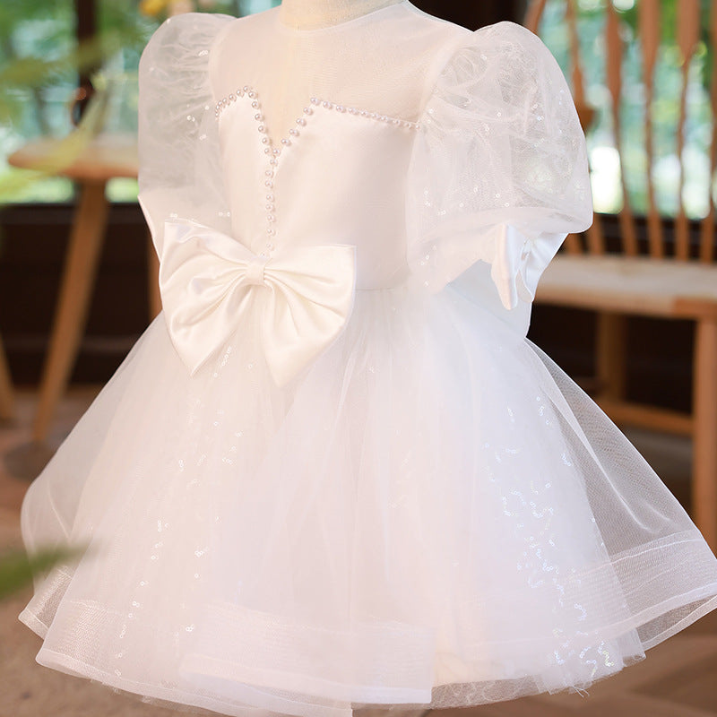 White Organza Princess Flower Girl Dress - Puff Sleeves